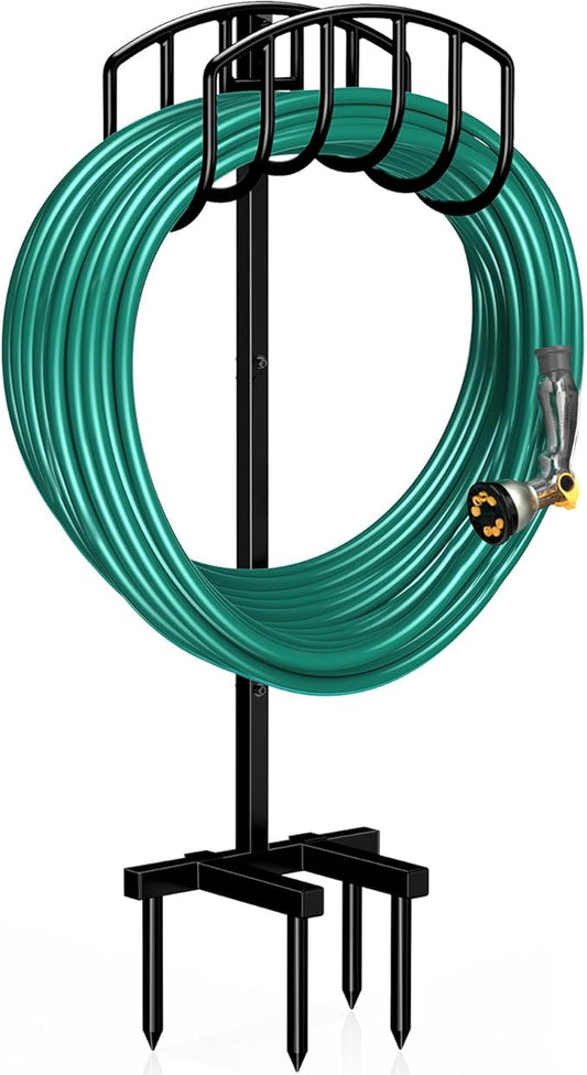 Winpull Garden Hose Holder Detachable Heavy Duty Metal Water Hose Hanger, Freestanding Hose Storage Stand Rack for Outside (Black)