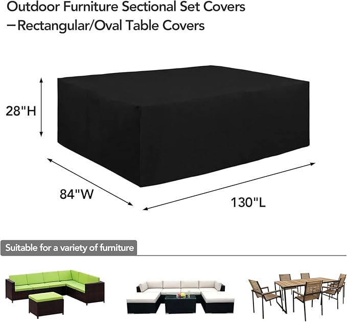 Easy-Going 600D Heavy Duty Patio Furniture Cover, Outdoor Rectangular Table and Chair Set Cover, Waterproof Outdoor Sectional Set Cover (130" L x 84" W x 28" H, Black)