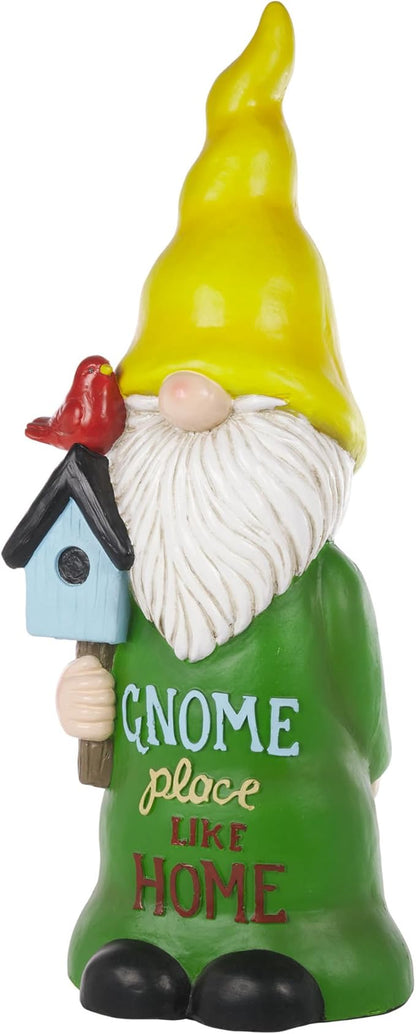 Alpine Corporation 24" Tall Outdoor Yellow Hat Place Like Home Gnome Statue Holding Bird House, Weatherproof Garden Decor