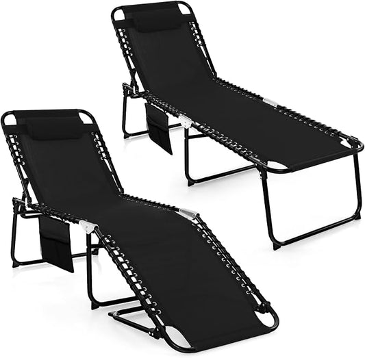 GYMAX Lounge Chairs for Outside, Extra High Folding Beach Tanning Lounger with Adjustable Backrest, Footrest & Removable Pillow, Sunbath Lounge for Patio, Lawn, Poolside (2, Black with Side Pocket)