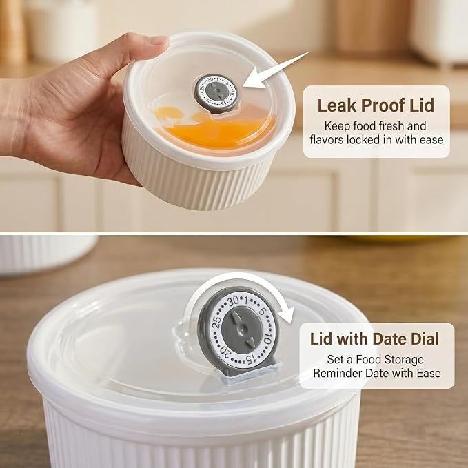 14 oz Ceramic Ramekins with Lids, Set of 4 Oven Safe Porcelain Creme Brulee Ramekins for Baking, Souffle, Pudding, Dessert, Dip, Leftovers & Food Storage, (White)