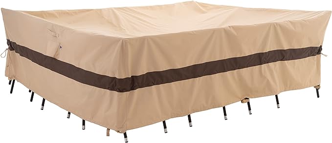 WJ-X3 Rectangular Beige & Coffee Patio Table Cover, 102W x 78D x 31H Inches - Heavy Duty, Waterproof, Wind-Resistant, Anti-Fade - Ideal for Outdoor Dining Set Protection