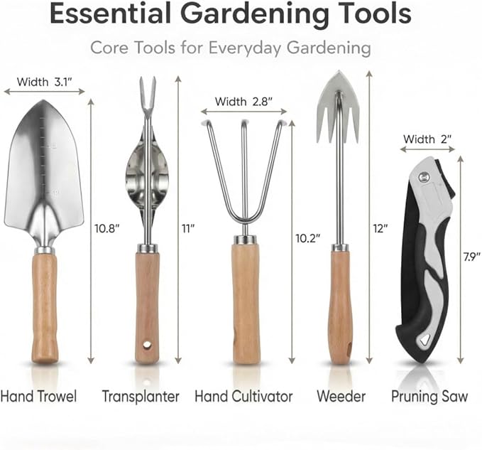 All-in-One Garden Tool Set with Basket, Stainless Steel Garden Tools with Wooden Handles, Garden Apron/Garden Waste Bags/Gardening Gloves Gardening Gift Set