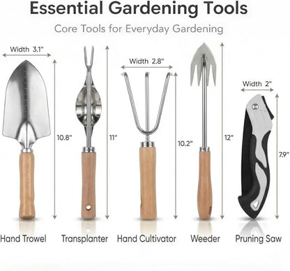 All-in-One Garden Tool Set with Basket, Stainless Steel Garden Tools with Wooden Handles, Garden Apron/Garden Waste Bags/Gardening Gloves Gardening Gift Set