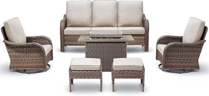 Patio Furniture Set with 42.5" Fire Pit Table-6 Pieces All Weather Wicker Outdoor Furniture with High Back Swivel Patio Chairs Set of 2 Outdoor Couch for Deck Balcony Backyard Brown/Beige