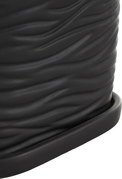 Deco 79 Ceramic Indoor Outdoor Planter Wavy Ribbed Large Planter Pot with Attached Saucer, Set of 3 Planters 7",6",5" H, Black