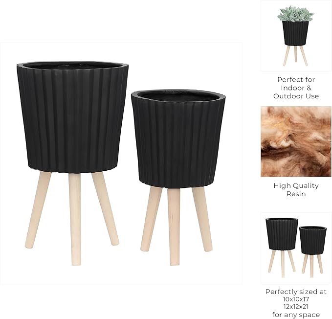 Sagebrook Home Set of 2 Planters with Stands - Modern Resin & Magnesia Pots with Wood Legs - Decorative Indoor & Outdoor Plant Containers for Home & Garden - 12" & 10", Black