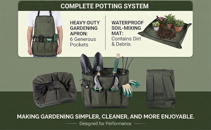Diydeg Garden Tool Bag Organizer, Heavy Duty 600D Oxford Fabric with 10 Pockets and Apron Soil Replacement Mat, Foldable Standable Gardening Tote for Indoor Outdoor Use