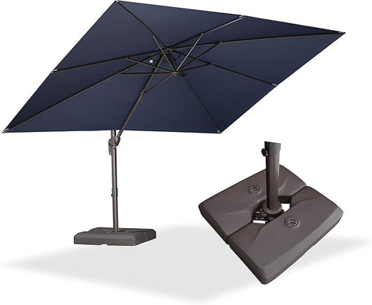 PURPLE LEAF 9' X 11.5' Rectangle Cantilever Umbrella with Base Patio Umbrella Outdoor Aluminum Offset Hanging Umbrella with 360-degree Rotation for Pool Garden Backyard Deck, Navy Blue