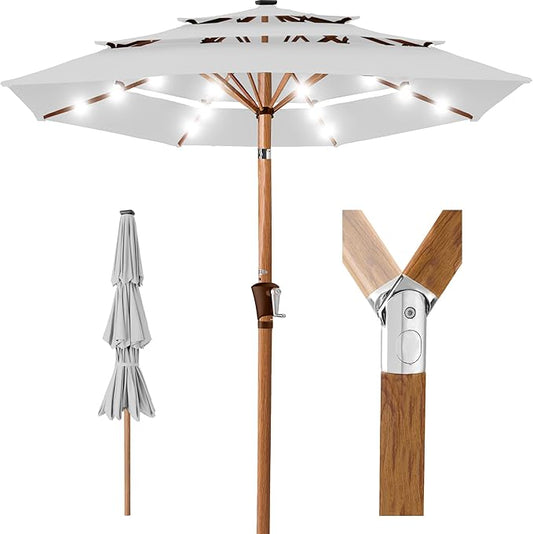 Best Choice Products 10ft 3-Tier Solar Patio Market Umbrella, Outdoor Sun Shade for Backyard, Deck, Poolside, Table w/Woodgrain Pattern, LED Lights, Tilt Adjustment - Fog Gray