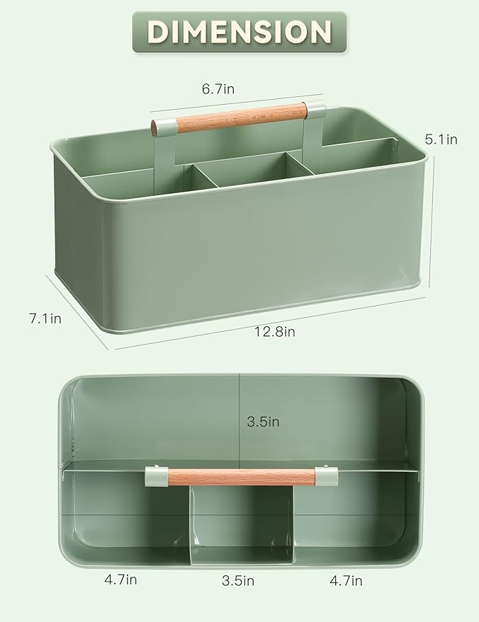 Gardening Tool Caddy, Garden Tool Basket with 4 Compartments, Metal Garden Caddy with Wooden Handle for Indoor & Outdoor