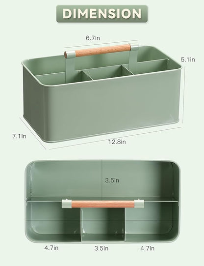 Gardening Tool Caddy, Garden Tool Basket with 4 Compartments, Metal Garden Caddy with Wooden Handle for Indoor & Outdoor