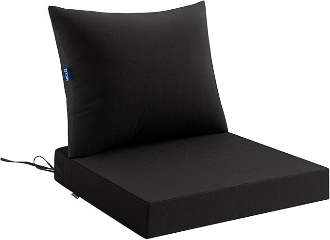 MIULEE Black Outdoor Chair Cushion 24x24 Inch for Patio Furniture Linen Textured Waterproof & 3 Year Color Fastness Seat and Back Couch Cushion with Ties No Slip Design