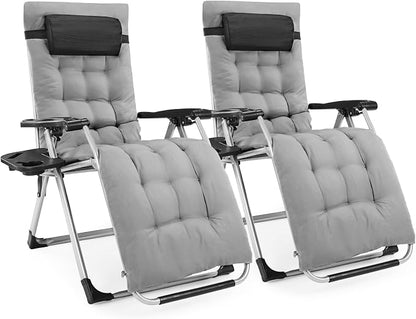 NEWBULIG Set of 2 Zero Gravity Chair, Folding Patio Recliner with Removable Cushion & Cup Holder Trays, Portable Lounge Chair for Beach & Camping, Classic Gray