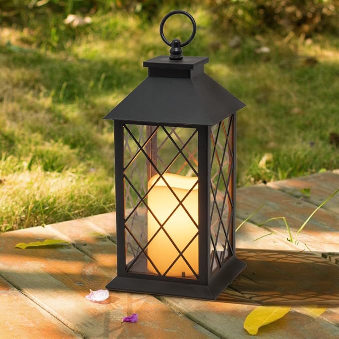 YAKii 13" Decorative Candle Lantern with LED Flameless Candle and Timer, Plastic LED Candle & Holder, Indoor & Outdoor Hanging Lights Thanksgiving &Christmas Day Decorations (Black 2 PCS)