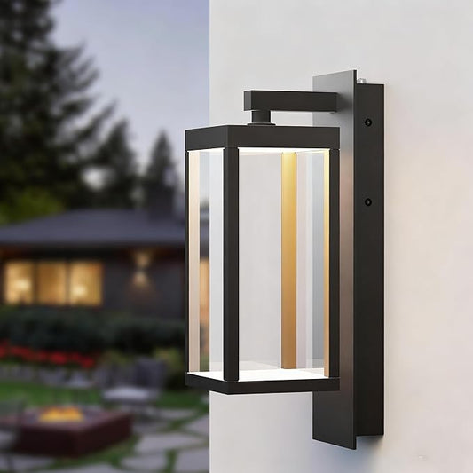 Outdoor Wall Sconce, Dusk to Dawn Outdoor Wall Lights, Waterproof Porch Lanterns Decorative, Anti-Rust Exterior Light in Wood Grain Finish & Black Finish for House Patio Garage Entryway Doorway