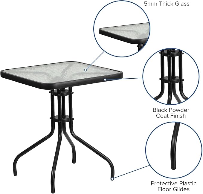 Flash Furniture Barker 23.5" Square Indoor/Outdoor Tempered Glass Patio Side Table, Outdoor Patio Table for Commercial or Residential Use, Clear/Black