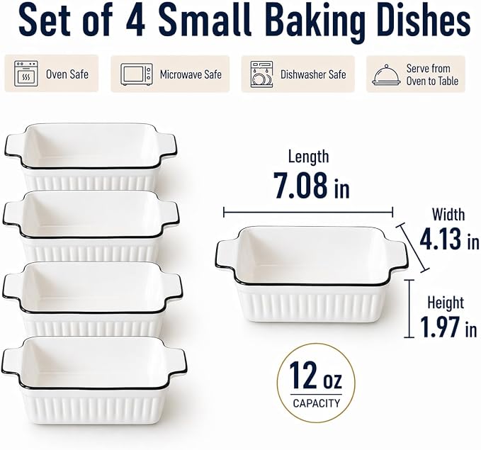 12 Oz Casserole Dish, Ceramic Baking Dishes Sets of 4, Small Casserole Dish with Handle, Porcelain Bakeware Sets, 5" Rectangular Baking Serving Dish for Casserole, Cakes, Dishwasher Oven Safe