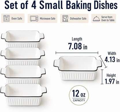 12 Oz Casserole Dish, Ceramic Baking Dishes Sets of 4, Small Casserole Dish with Handle, Porcelain Bakeware Sets, 5" Rectangular Baking Serving Dish for Casserole, Cakes, Dishwasher Oven Safe