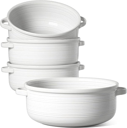 LE TAUCI Soup Bowls with Handles - 22 oz Lead-Free Ceramic French Onion Crocks, Oven and Microwave Safe, Heat-Resistant Design, Stackable, Dishwasher Safe, Set of 4, White