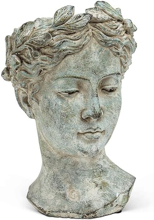 Abbott Collection Goddess Head Planter – Large Cement Indoor and Outdoor Planter Pot – Grecian Woman Statue Head Planter for Flowers and Succulents (Grey, 10" Tall, 4.5" Opening)