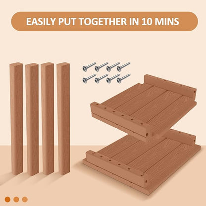 2 Tier Outdoor Side Table with Wood-Like Grain, 16.6" HDPE Adirondack Table Patio Side Table, Weather Resistant End Table for Pool, Patio & Porch, Small Outdoor Table(Teak, Rectangle)