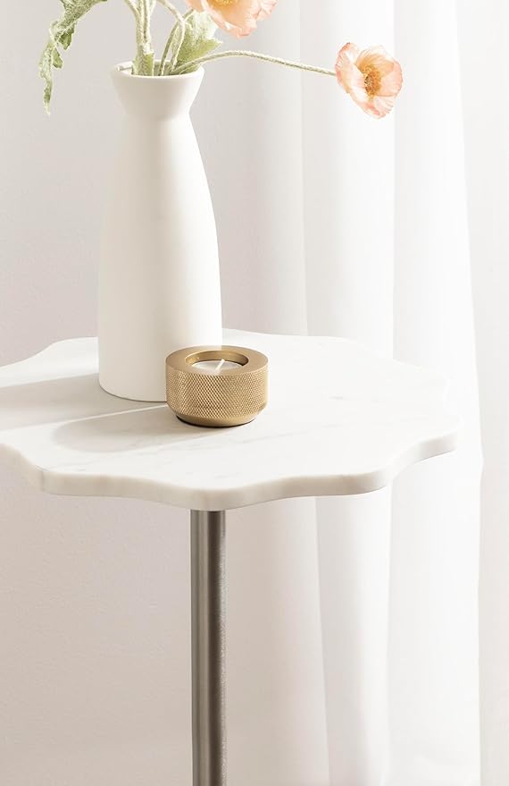 Kate and Laurel Sanzo Modern Pedestal Round Side Table, 14 x 14 x 24, White Marble and Silver, Decorative Circle End Table with Scalloped Marble Tabletop for Indoor Plant Stand or Bedroom Nightstand