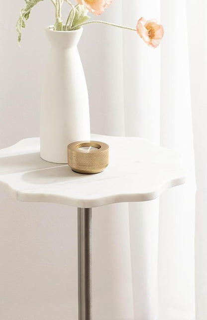Kate and Laurel Sanzo Modern Pedestal Round Side Table, 14 x 14 x 24, White Marble and Silver, Decorative Circle End Table with Scalloped Marble Tabletop for Indoor Plant Stand or Bedroom Nightstand
