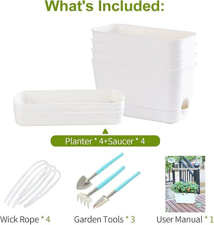 Oliz Self Watering Planters: 4 Packs Rectangular Plant Pots with with Drainage and Tray, 10 Inch Window Pot Self Watering Planter for Herb, Houseplants