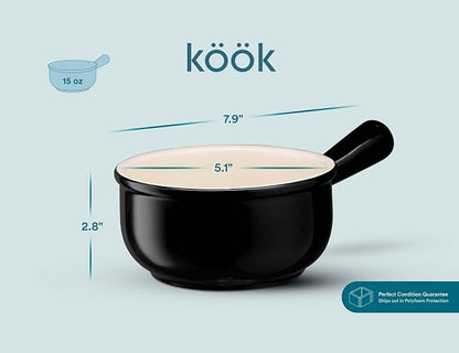 KooK French Onion Soup Bowls, French Onion Soup Crocks, Soup Bowl with Handles, 15 oz, Set of 4, Ceramic Bowls, Microwave, Dishwasher Safe & Oven safe, Stoneware,(Black)
