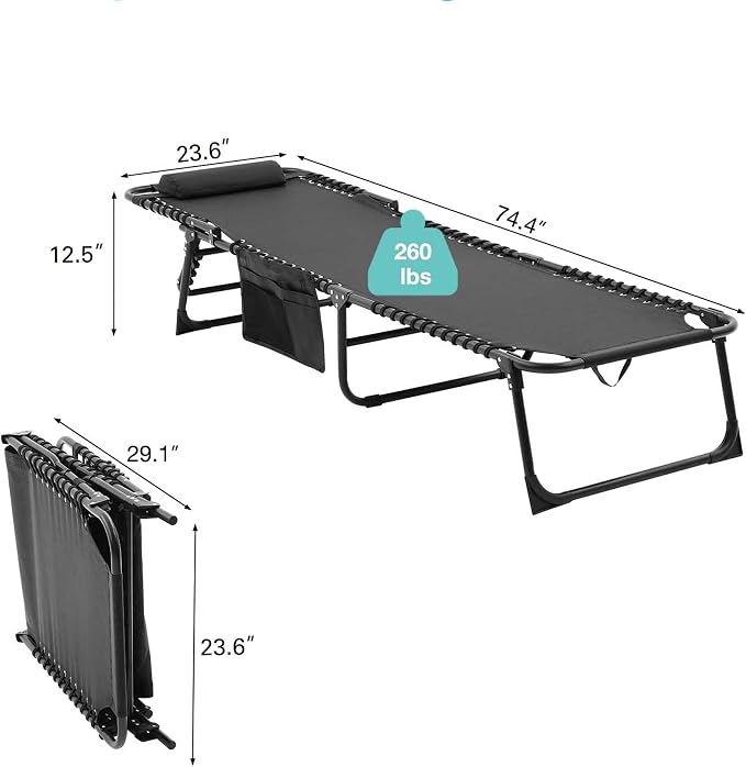 Tanning Chairs for Outside, Chaise Outdoor Lounge Chair, Folding Pool Chairs & Patio Lounger for Beach Camping Hiking Backyard Sunbathing Poolside, Portable (Black Set of 2)