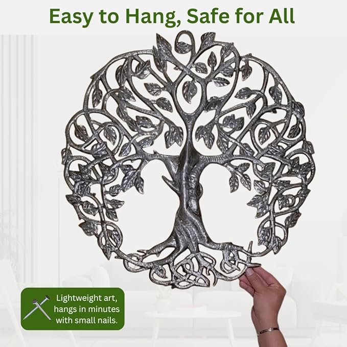 Tree of Life Metal Wall Art, Contemporary Iron Artwork Decor, Celtic Family Trees, 23 In. x 23 In. Round Modern Plaque, Handmade in Haiti,Fair Trade Certified, Signed By Wilson Etienne