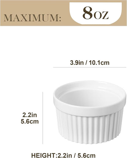 MALACASA Ramekins 8 oz Oven Safe, Porcelain Creme Brulee Ramekins Pudding Custard Cups Ceramic Souffle Dishes Ramakan Ramiken Ramicans Baking Bowls Set of 6, White, Series RAMEKIN-DISH
