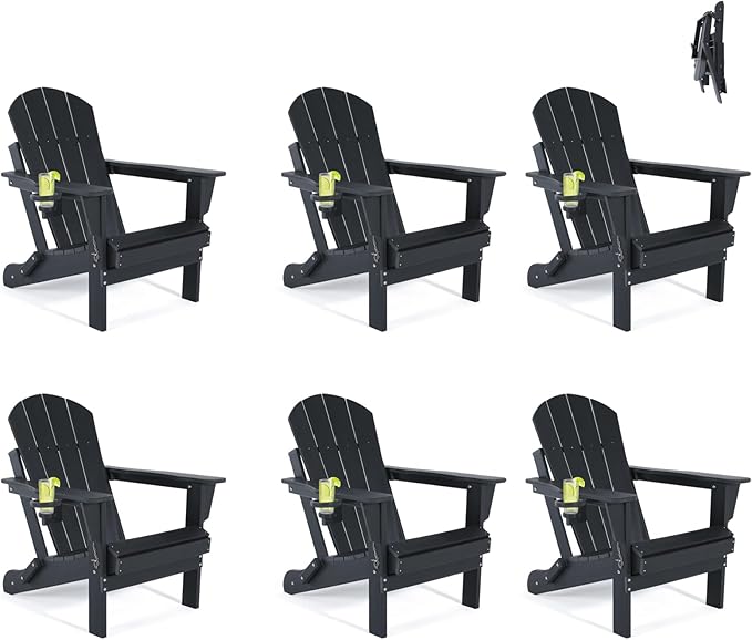 Folding Adirondack Chairs Set of 6- Plastic Adirondack Chairs with Cup Holder, Weather Resistant for Outdoor, Patio, Lawn, Garden, Backyard Deck, Fire Pit - Black