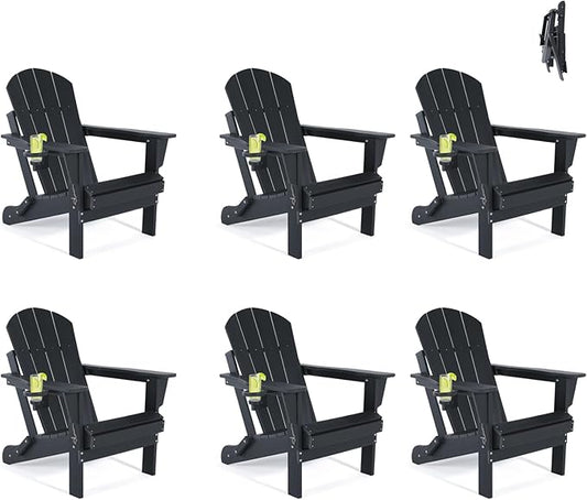 Folding Adirondack Chairs Set of 6- Plastic Adirondack Chairs with Cup Holder, Weather Resistant for Outdoor, Patio, Lawn, Garden, Backyard Deck, Fire Pit - Black