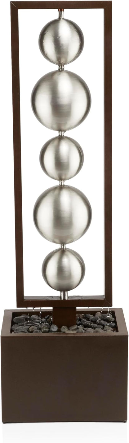 Alpine Corporation CPS194 Outdoor Modern Column Water Floor Fountain with Stainless Steel Orbs, 55" H, Brown