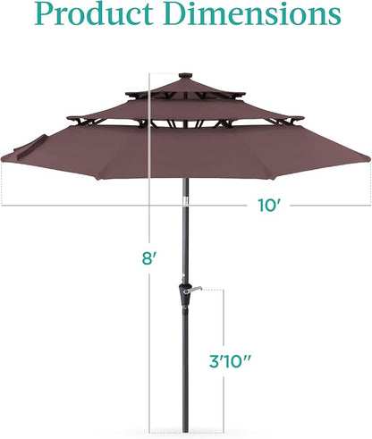 Best Choice Products 10ft 3-Tier Solar Patio Umbrella, Outdoor Market Sun Shade for Backyard, Deck, Poolside w/ 24 LED Lights, Tilt Adjustment, Easy Crank, 8 Ribs - Deep Taupe