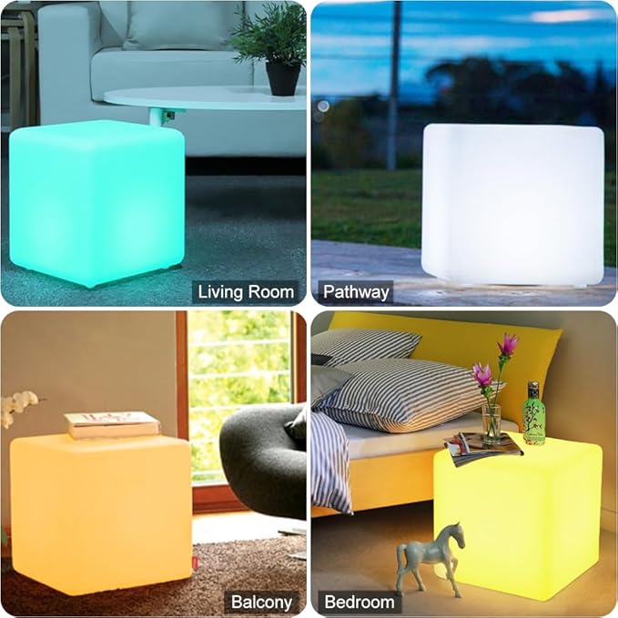 14-in LED Cube Seat & 20-in LED Globe Orb Light, Rechargeable Globe Floor Lamp Cube Chair for Kid w/Remote, Versatile Light Up Side Table Glowing Ball Lights for Home Garden Patio Lawn Party Decor