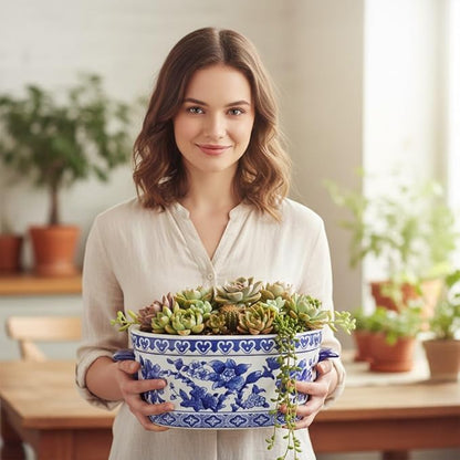 Blue and White Ceramic Planter Pot – Vintage Floral Oval Cachepot Vase for Indoor Plants, Flowers & Succulents – Glazed Chinese Porcelain Style Decorative Bowl –10.6" Size – No Drainage
