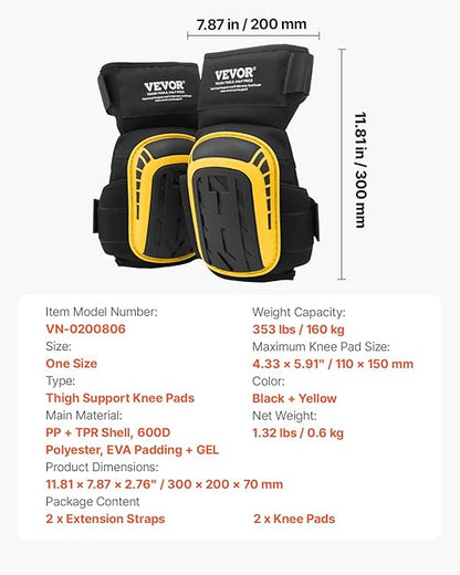 VEVOR Knee Pads for Work, Extended Heavy Duty Construction Knee Pads with 2 Extension Straps, Foam Gel Cushion, Anti-slip for Gardening Flooring Roofing and Cleaning, Men & Women, Yellow and Black