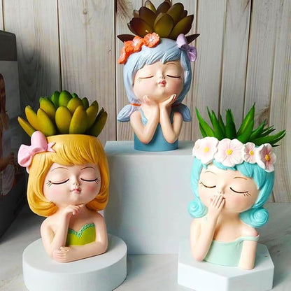 4pcs Cute Head Planter Resin Succulent Planter Little Girl Flower Pot, Human Face Cactus Plants Container Bonsai Holder Thumb Pot Fairy Figurine Statue Planters with Drainage Decor Gift (Colorful)