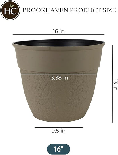 The HC Companies 16 Inch Brookhaven Decorative Round Planter - Lightweight Premium Resin Plant Pot with a Stonelike Texture for Indoor Outdoor Use, Taupe