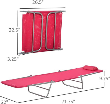 Outdoor Chaise Lounge with Detachable Pillow, Reclining Folding Chair with 5-Position Adjustable Back, Portable Tanning Chair For Beach, Pool, Lawn, Breathable Mesh Seat, No Assembly (Pink)