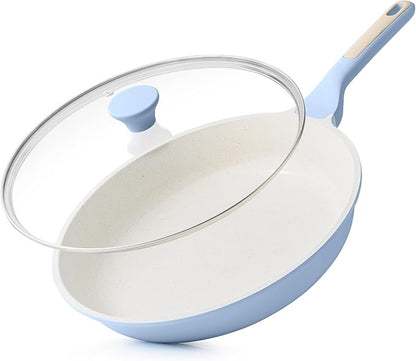 SENSARTE Nonstick Ceramic Frying Pan with Lid 10 Inch Omelet Pan Skillet, Free of Intentionally Added PFAS/PTFE Non-toxic Chef's Pan Induction Compatible Pan, Heat Resistant Handle, Glacier Blue