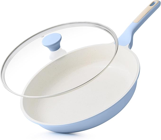 SENSARTE Nonstick Ceramic Frying Pan with Lid 12.5 Inch Cooking Pan Skillet, Free of Intentionally Added PFAS/PTFE Non-toxic Chef's Pan Induction Compatible Pan, Heat Resistant Handle, Glacier Blue