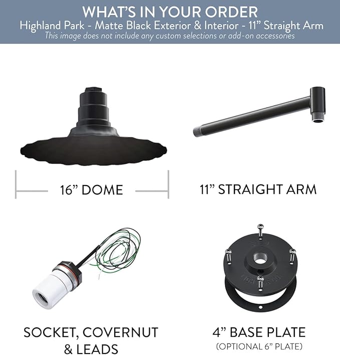 Steel Lighting Co. Highland Park Barn Light | Outdoor Wall Mounted | 16 inch Radial Wave | 11 inch Straight Arm | Vintage Style Made in America | Matte Black Exterior/Matte Black Interior