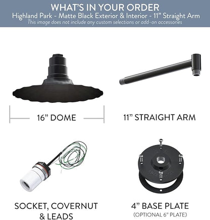 Steel Lighting Co. Highland Park Barn Light | Outdoor Wall Mounted | 16 inch Radial Wave | 11 inch Straight Arm | Vintage Style Made in America | Matte Black Exterior/Matte Black Interior