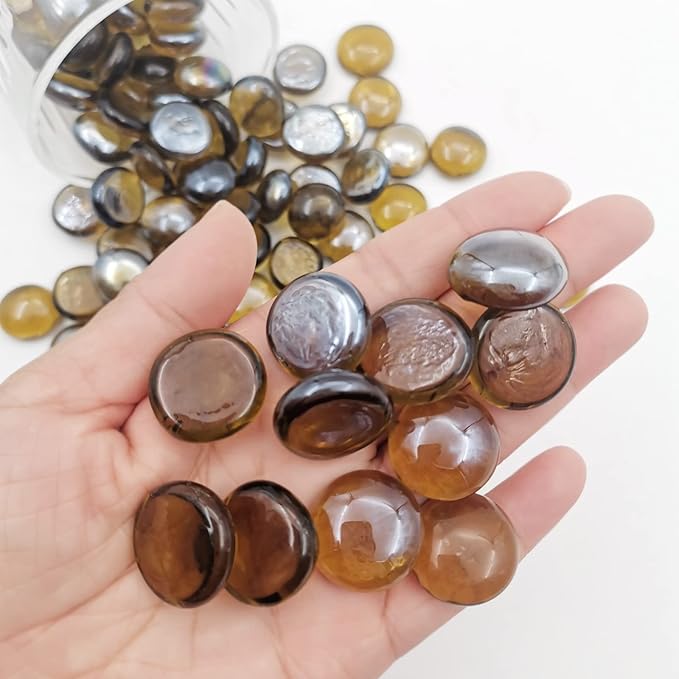 Flat Glass Marbles 1 Pound Vase Filler Fire Pit Glass Pebbles for Indoor Plants, Aquarium Fish Tank Decorations, Home Decor, Fire Pit, Landscaping, Arts Crafts (Amber)
