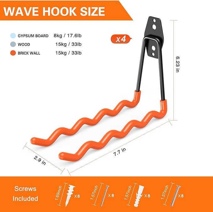 HUPBIPY Heavy Duty Garage Hooks 4 Pack, 7.7 inch Wave Long Hanger, Wall Mounted Storage System, Power and Garden Tool Organizer, for Hanging Ladders, Bikes, Hose, Bulk Items and More
