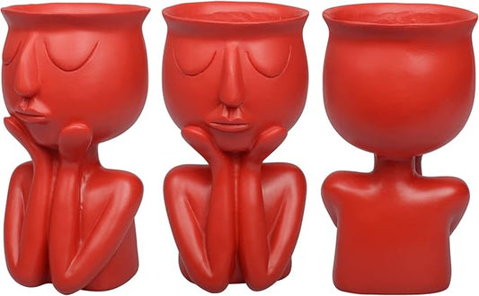 Simple and Creative Decorative Flower Pots, Resin Face Planter Pots, Vase for Small Succulent, Flower Pot Pencil Pen Holder, Minimalist Decorative, Modern Vases for Home Office Shelf Decor (Red)